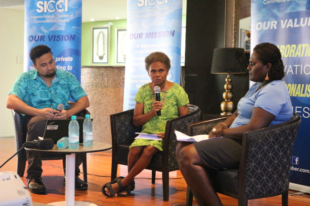 SICCI CEO Dennis Meone, left, leads the panel of discussion with Dr Alice Pollard, centre, and Lyn Fa'arodo.