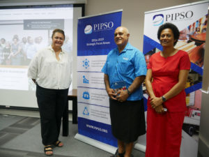 Strategic Plan Consultant Elizabeth Powell (left), PIPSO Chair Howard Politini (middle) and PIPSO CEO Mereia Volavola (right) at the PIPSO Strategic Plan and Website Launch at FCEF.