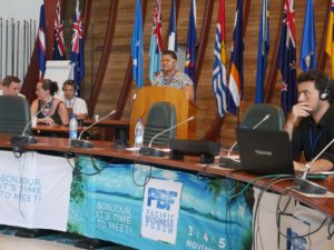 Alisi Tuqa of PIPSO presents at the Pacific Business Forum in Noumea.